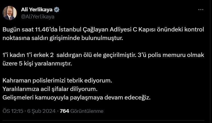 Bakan Yerlikaya, Çağlayan Adliyesine saldırıda bulunan 2 kişinin ölü ele geçirildiğini bildirdi
